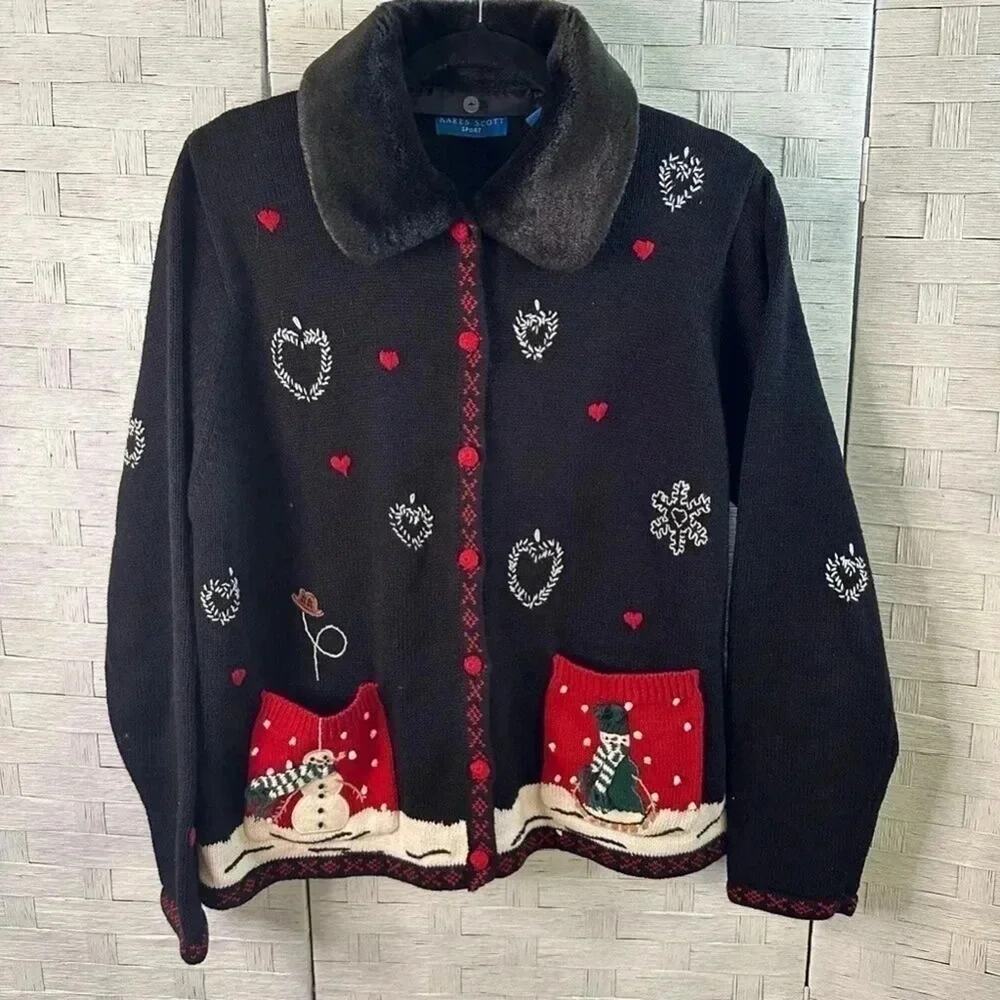 Karen Scott Womens Christmas ‎ holiday sweater snowman front & back vegan collar